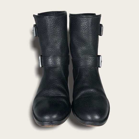 J. Crew Women's Black Pebble Leather Moto Boots Silver Buckles Low Heel 5.5 - Picture 3 of 10